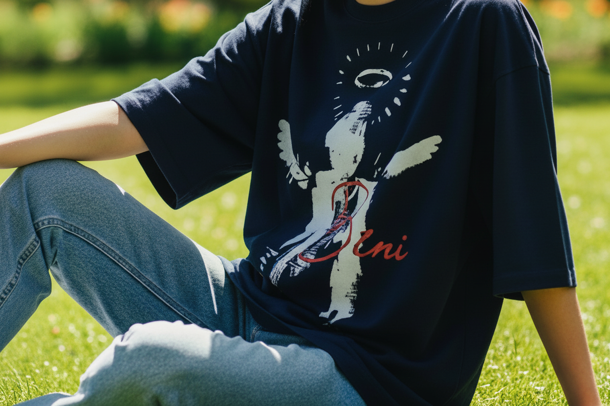 Navy blue t-shirt with white graphic design and red text on a gray background